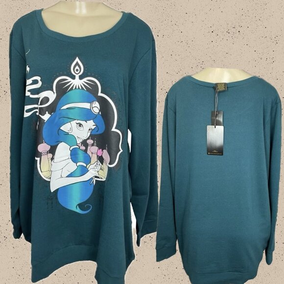 Disney Princess +4 Teal Crew Neck Aladdin Jasmine Graphic Long Sleeve Sweatshirt - Picture 1 of 5